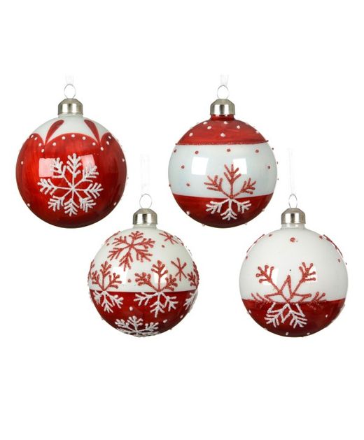 Bola de Navidad Cristal Con Copos de Nieve Rojo Y Blanco Ø8Cm. (4U.)
