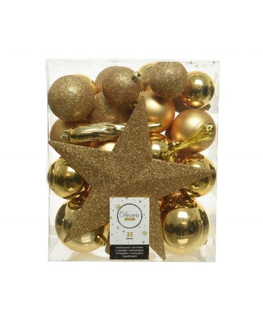 Bola de Navidad Plástico "Mezcla" Con Estrella Oro Ø6-8Cm. (33U.)