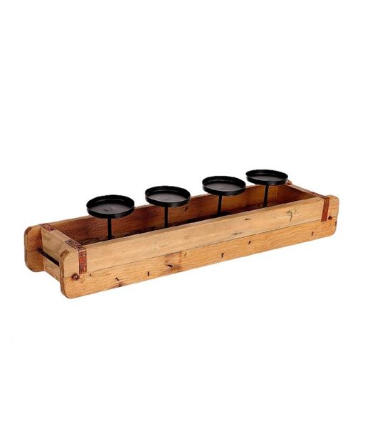 Candelabro de Madera Natural Y Cuatro Portavelas 58 X 15 X H12Cm.