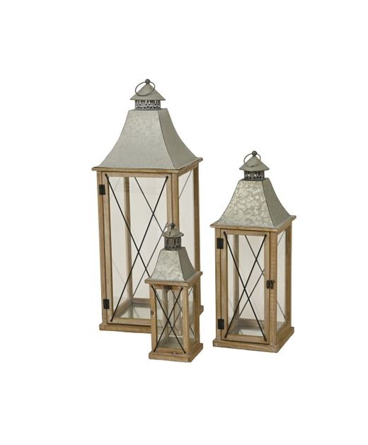 Farolillos de Madera Natural Y Metal 30 X 30 X H84Cm (Set 3U.)