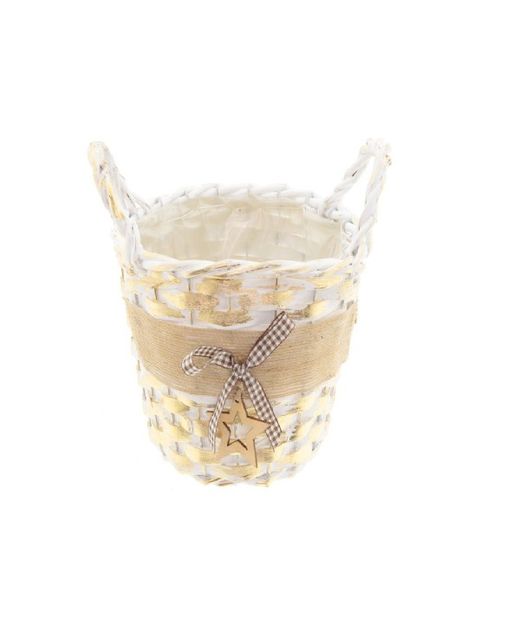 Cesta de Mimbre Natural Estrella Blanco Y Oro Con 2 Asas Ø18 X H17Cm.