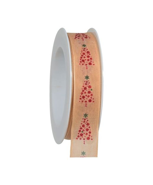 Cinta de Navidad Abetos Glitter Rojos Y Fondo Camel 25Mm. X 18Mts.