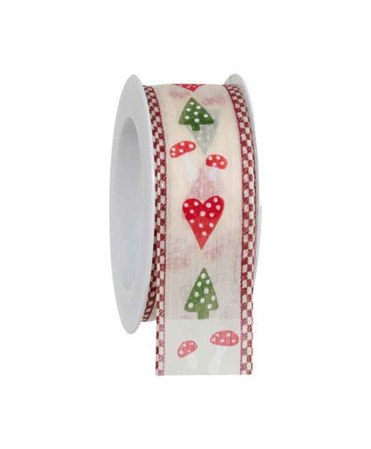 Cinta de Navidad Abetos Setas Y Corazones Rojos Y Verdes 40Mm.X15Mts.