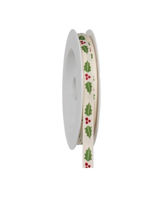 Cinta de Navidad Acebo Y Berries Rojos Con Fondo Crema 10Mm. X 20Mts.
