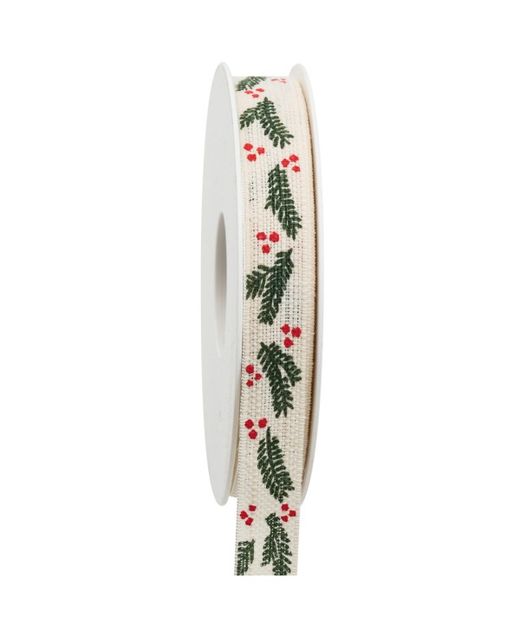 Cinta de Navidad Acebo Y Berries Rojos Con Fondo Crema 15Mm. X 20Mts.