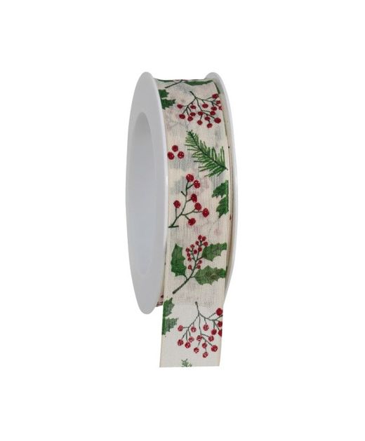 Cinta de Navidad Acebo Y Berries Rojos Con Fondo Crema 25Mm. X 18Mts.
