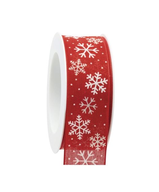 Cinta de Navidad Copitos de Nieve Blancos Y Fondo Rojo 40Mm. X 15Mts.