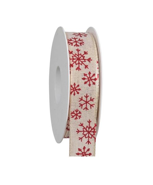 Cinta de Navidad Copitos de Nieve Rojos Y Fondo Crema 25Mm. X 18Mts.