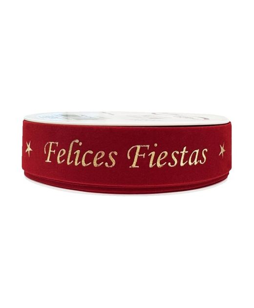 Cinta de Navidad de Terciopelo "Felices Fiestas" Rojo Y Oro 25Mmx20Mts