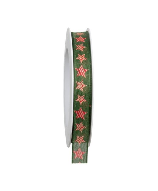 Cinta de Navidad Estrella Roja Y Crema Con Fondo Verde 15Mm. X 18Mts.