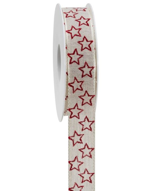 Cinta de Navidad Estrellas Rojas Y Fondo Crema 25Mm. X 18M.