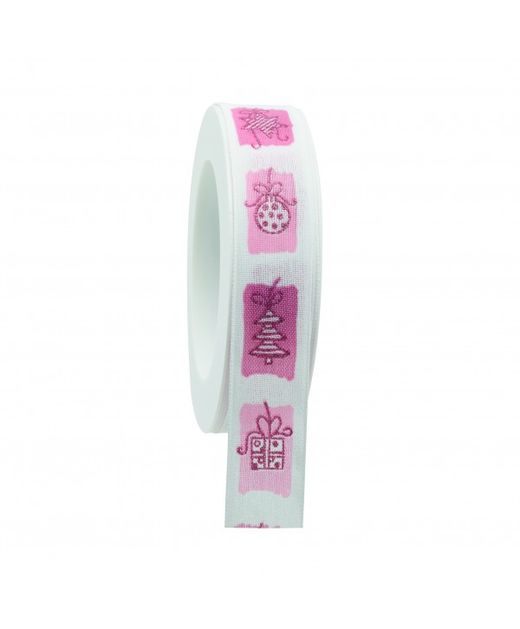 Cinta de Navidad Regalos Y Abetos Rosas Blanca 25Mm. X 18Mts.