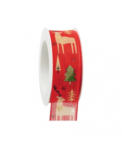 Cinta de Navidad Renos Roja Con Abetos Y Purpurina 40Mm. X 18Mts.