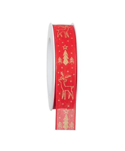 Cinta de Navidad Renos Y Árboles Dorados Roja 25Mm. X 18Mts.