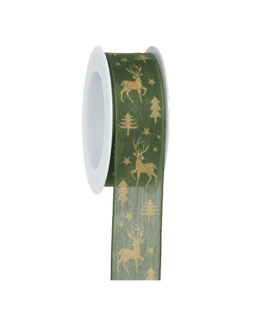 Cinta de Navidad Renos Y Árboles Dorados Verde 40Mm X 15Mts.