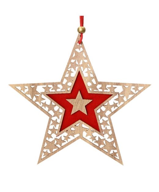 Colgante Estrella de Madera Natural Y Rojo 3 X 14,5 X H 14,5Cm.