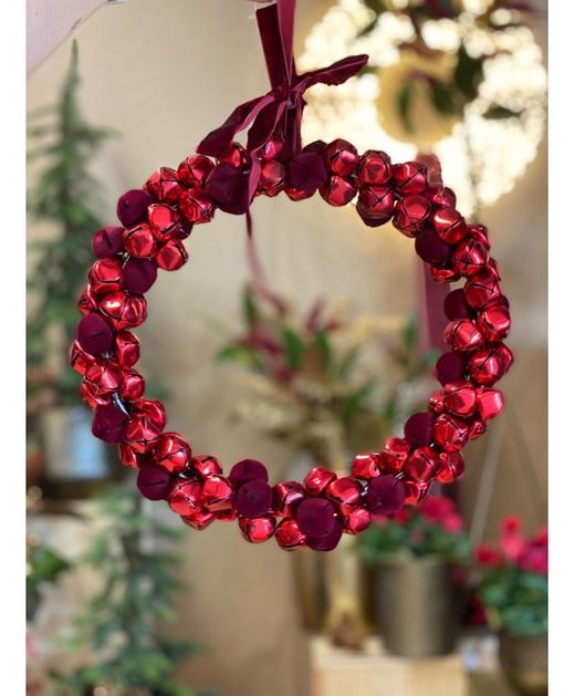 Corona Cascabeles Rojos Con Cinta De Terciopelo Diámetro 29 X H4Cm. (2U.)