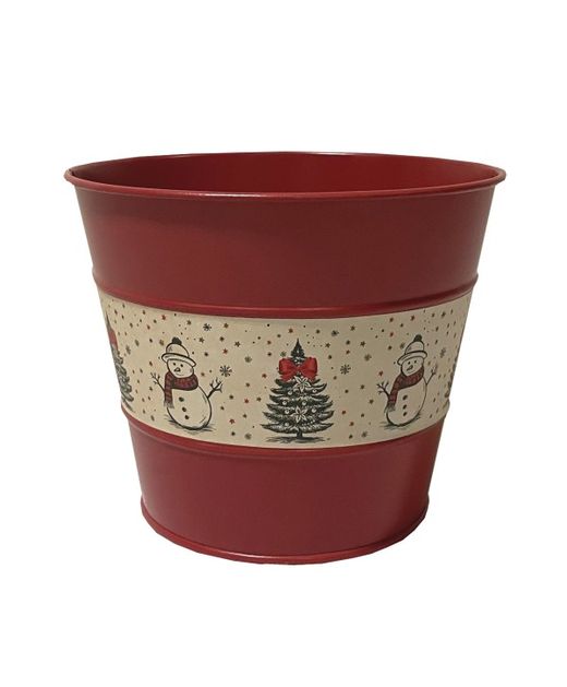 Cubo de Zinc "Muñeco de Nieve" Redondo Rojo Ø 17 X H 14Cm.