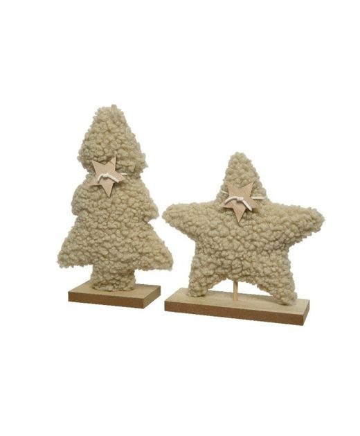 Estrella Y Árbol de "Peluche" Crema Y Base de Madera 5,5X18X18Cm. (2U)