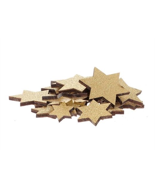 Estrellas de Madera Doradas Con Glitter Ø 2,5 - 4,5 - 7Cm. (Bolsa 24U.)