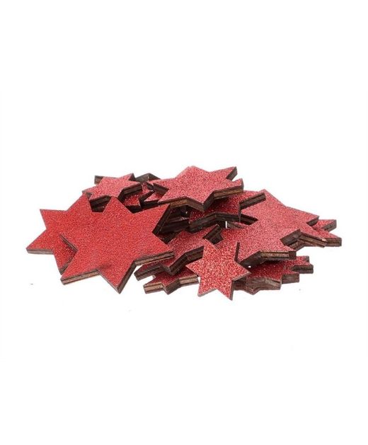 Estrellas de Madera Rojas Con Glitter Ø 2,5 - 4,5 - 7Cm. (Bolsa 24U.)