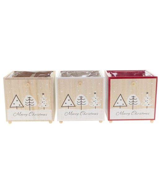 Maceta de Madera Con "Merry Christmas" 13 X 13 X H13Cm. (Set 3U.)