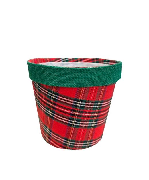 Maceta de Yute Con Cuadro Escocés Verde Y Rojo Ø19 X H16Cm.
