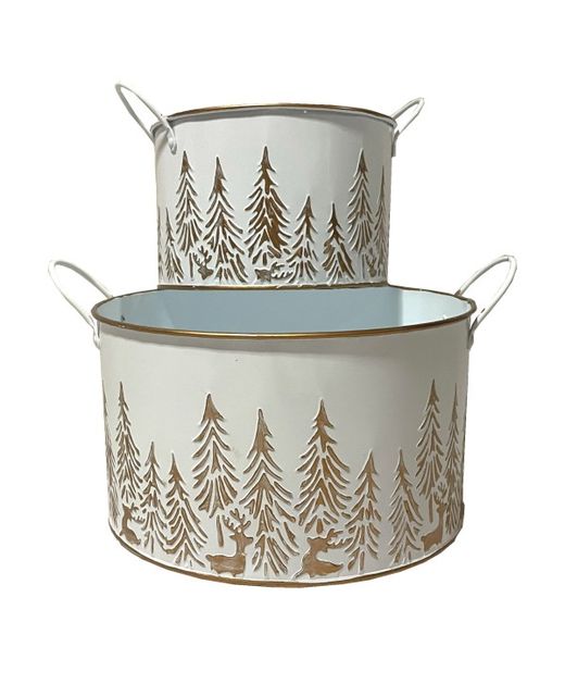 Maceta de Zinc Blanca Con detalles de Navidad Oro Ø21 X H12Cm. (2U.)