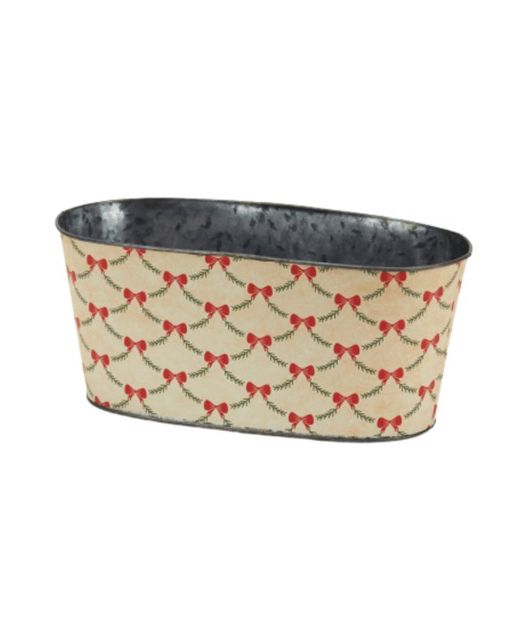 Maceta Zinc Ovalada Estampado Guirnalda Y Lazos Rojos 30X15Xh13Cm