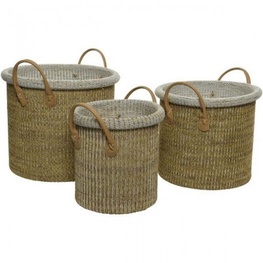 Macetero Algodón Marrón+Asas Cuero Diámetro 33X28Cm (3U.)