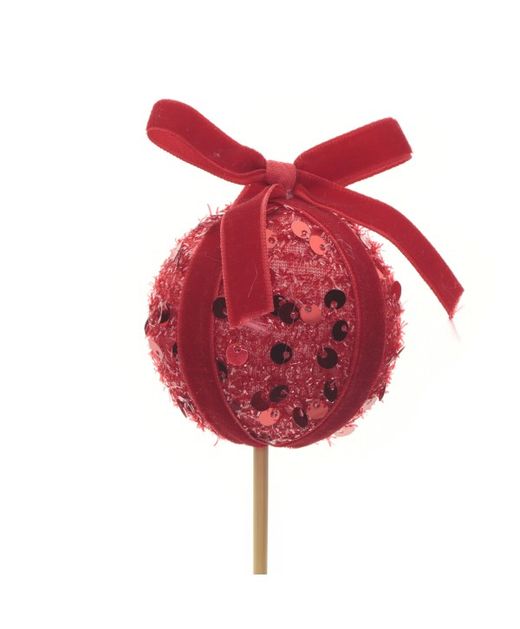 Pick Bola Roja Con Lentejuelas Y Lazo Ø6 X H 50Cm. (10U.)