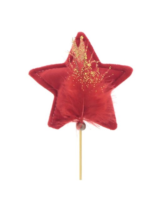 Pick Estrella de Terciopelo Roja Y Pluma Dorada 11,5 X H50Cm. (10U.)