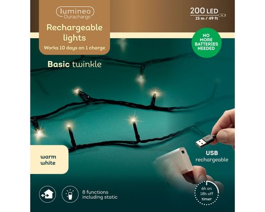 Tira Luces Basic Twinkle Warm White Recargable 15Mts. (200 Led)